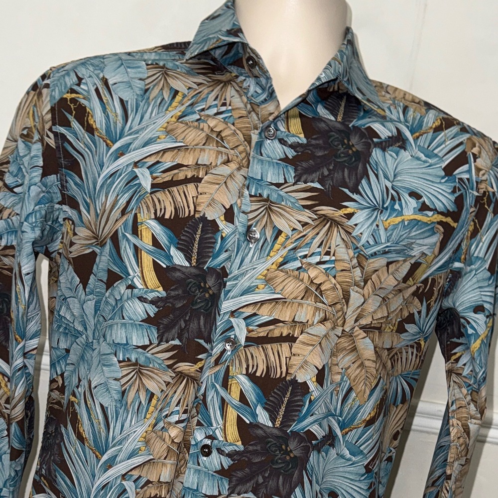 Salvatore Ferragamo Mens Tropical Palm Print Button Down Shirt Blue Brown Small